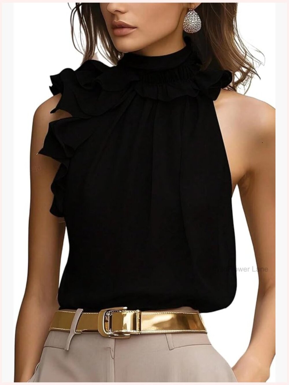 Women's Elegant Blouse Ruffle Trim Sleeveless Mock Neck Halter Tank Top Office